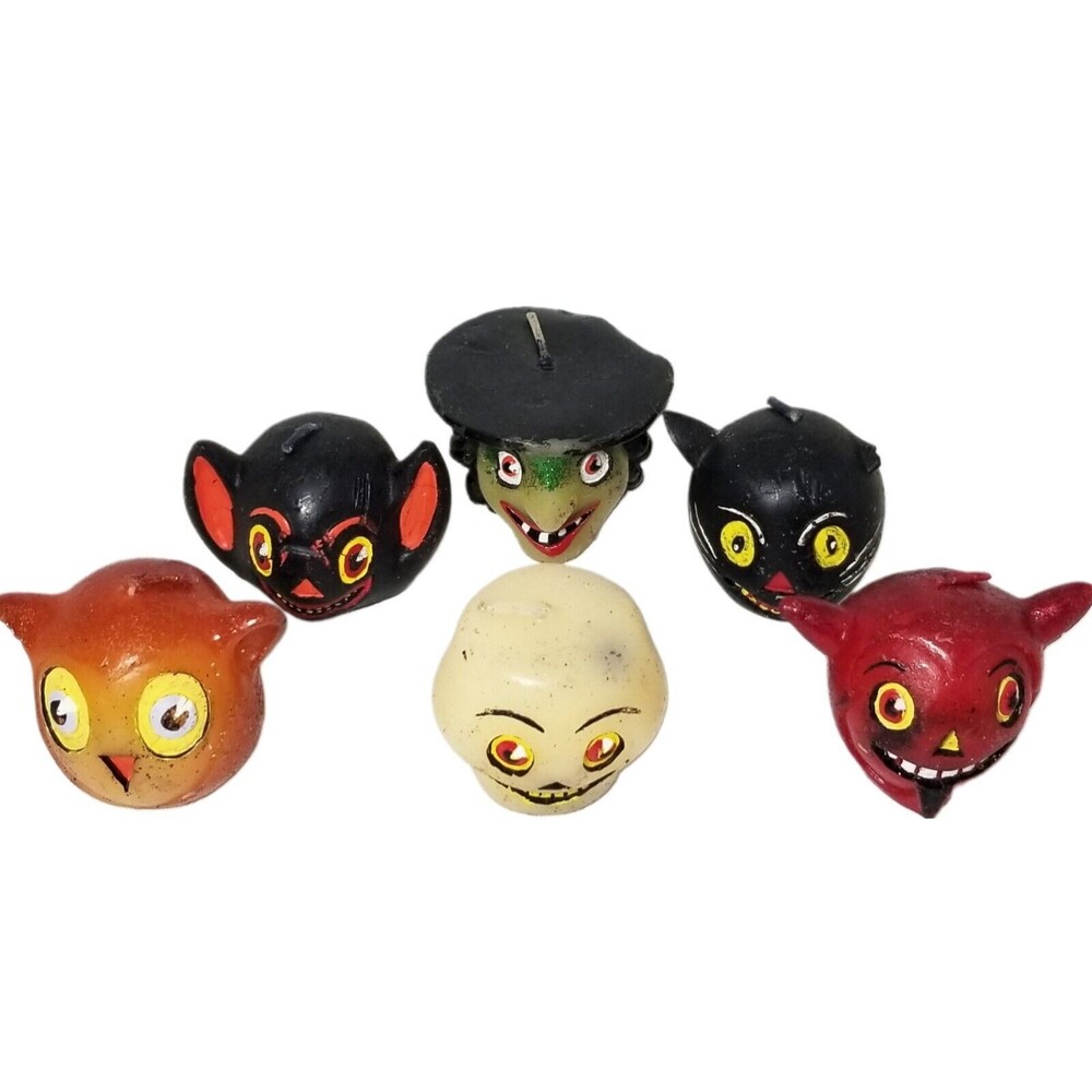 Vintage Halloween Candles Owl Bat Cat Skull Witch Devil Lot Of 6